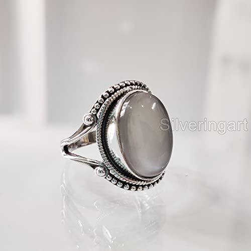 Natural Gray Moonstone Ring, Woman's Gray Moonstone Ring, June Birthstone, Bohemian Band, 925 Sterling Silver, Womens Ring, Christmas, Thanksgiving, Handmade, Statement Jewelry, Natural Gemstone Ring