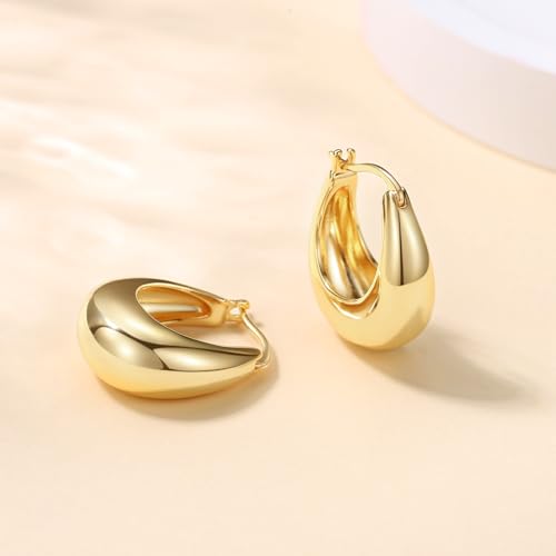 14K Gold Chunky Hoop Earrings for Women, Vintage Textured Huggie Sleeper Earrings, Lightweight Hypoallergenic Statement Earrings for Sensitive Ears