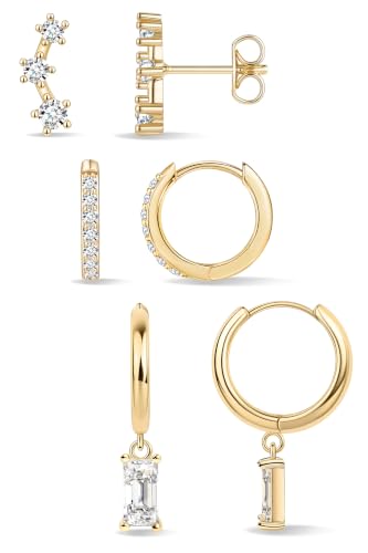 Poxtex Small Sterling Silver Huggie Hoop Earrings Set for Women, Hypoallergenic 14K Gold Plated Hoops Stacks for Multiple Piercings, Dainty Cute Mini Lightweight Cartilage Studs Trendy Jewelry Gift - color: Gold-dangle climber