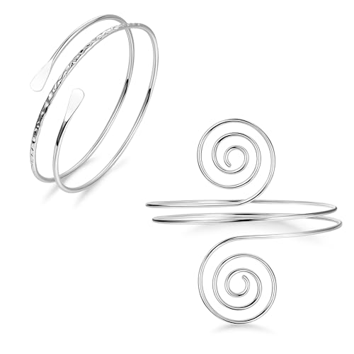 2Pcs Arm Cuff Gold Upper Arm Cuff for Women Adjustable Upper Arm Bracelets Open Irregular Arm Bangle Minimalist Coil Swirl Armlets Armband Jewelry - style: styleF silver