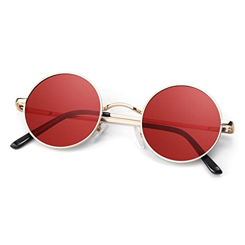Round Polarized Sunglasses Men Women,Retro Metal Hippie Shades with 100% UV Protection - color: A07- Golden Frame Red Lens