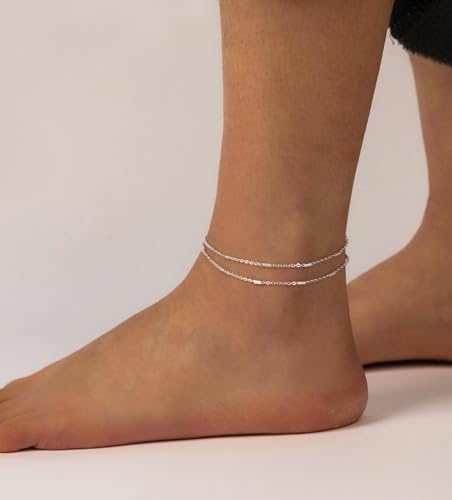 MIDEEO Gold/Silver Ankle Bracelets for Women,14K Gold Anklets for Women Waterproof Cuban Link Heart Beads Herringbone Rhinestone Anklets Set Layered Anklet Bracelets for Women Gold Jewelry Gift - style: 2 Layers Anklet D-SL