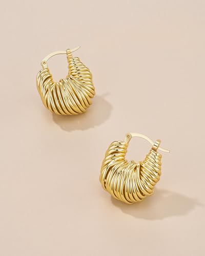 18K Gold Plated Boho Chunky Leaf Floral Geometric Textured Basket Weave Braided Dangling Statement Earrings for Women by SNGIA, Wavy Handmade Trendy Ribbed Fan Dangle Hoop Jewelry Gifts, Summer Round Oval Square African Beachy Vacation Flower Fashion Acce