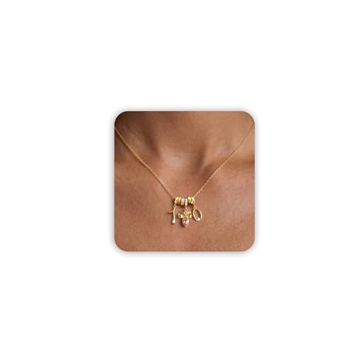 Freekiss Gold Pendant Necklace for Women, Dainty Diamond Necklaces for Women Simple 14K Gold Plated Paperclip Choker Necklaces Cute Minimalist Open Oval Necklaces Gold Jewelry for Women Gifts - color: Gold, style: Number 10 - Tourmaline Pink Bow