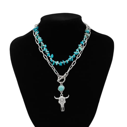 Fuqimanman2020 Boho Layered Western Necklaces for Women Cowgirl Cactus Turquoise Beaded Ox-head Hat Pendant Country Concert Jewelry - color: B