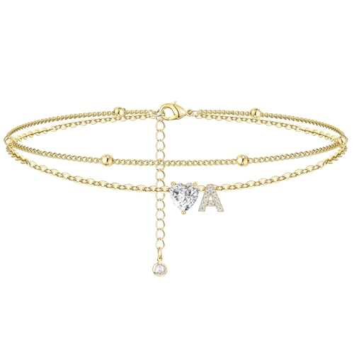 Ankle Bracelets for Women Waterproof 14K Gold Plated CZ Initial Anklet for Women Dainty Layered Letter Heart Ankle Bracelets Handmade Adjustable Foot Chain Anklet Summer Beach Jewelry - color: gold A