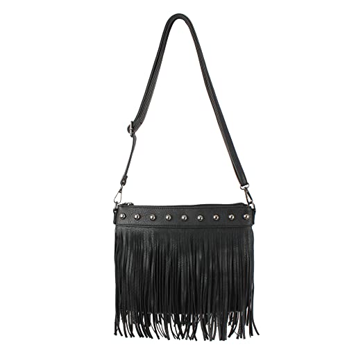 Hoce Women’s Leather Fringe Messenger Bag Large Hobo Crossbody Tassel Shoulder Bags, Gift for Mom Wife Girlfriend - color: 6926 Black