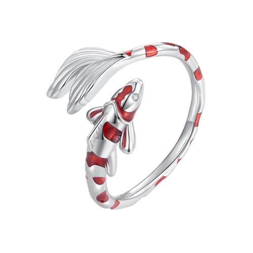 BISAER 925 Sterling Silver Ring Adjustable Cute Unique Cat Snake Butterfly Dragonfly Fashionable Ring For Women Jewelry - color: red fish