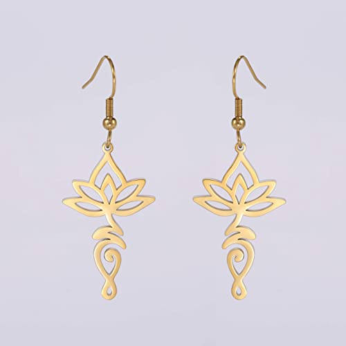 TEAMER Stainless Steel Lotus Flower Dangle Earrings Bohemian Drop Earring Unique Geometric Jewelry for Women - color: Lotus 5-Gold