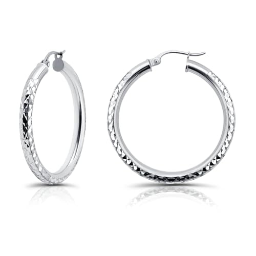 Hoops & Loops 925 Sterling Silver Diamond-Cut Round Hoop Textured 3mm Click-Top Earrings for Women, Slver, Two-Tone 14K Yellow Gold Flash Plate 15/20/25/30/35/40/45/50mm Hoops - color: Silver, size: 30mm (1.2'')