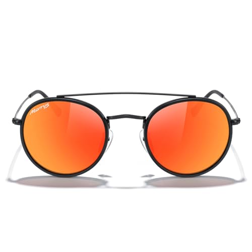 MERRY'S Retro Round Polarized Sunglasses - Unisex Double Bridge Sun Glasses - color: Matte Black Frame/Matte Black Bridge/Red Mirror Lens