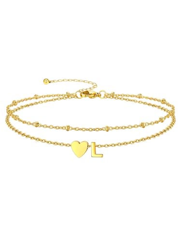 Silvora Ankle Bracelets for Women Waterproof 14K Gold/Silver/Black Initial Anklet for Women Dainty Layered Heart Ankle Bracelets Stainless Steel Adjustable Foot Chain Anklet Summer Beach Jewelry - color: Gold-14K Gold Plated, size: 12.L