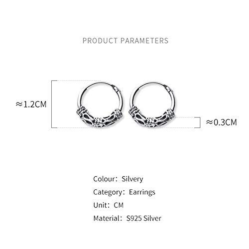 Boho Bali Filigree Vintage S925 Steling Silver Endless Round Sleeper Cartilage Small Hoop Earrings for Women Men Fashion Huggie Hoops Hypoallergenic Pierced Jewelry Gifts 12mm