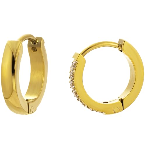 Stainless Steel Hoop Earrings for Women Gold Tone Geometric, Huggie Heart Twisted Minimalist Engraved Designs for Daily Wear - color: Gold_F