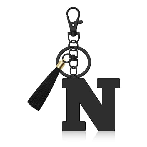 Oubaka Initial Monogram A-Z Keychain for Women, Cute Initial Letter Keychain with Tassel for Handbag Car Key Bag Keyring - color: Black-n