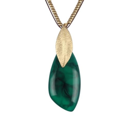GelConnie Long Necklaces for Women Boho Large Pendant Necklace Casual Bohemian Brown Leather Choker Sweater Circle Statement Stone Necklace - style: Green Leave Gold Necklace