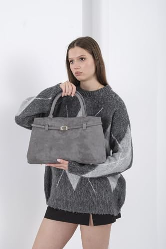 Base’ic Women’s Suede Tote Bag with Gold Hardware – Trendy Slouchy Shoulder Hobo Satchel Handbag Work Purse Travel Gift - color: Grey (Gold Hardware)