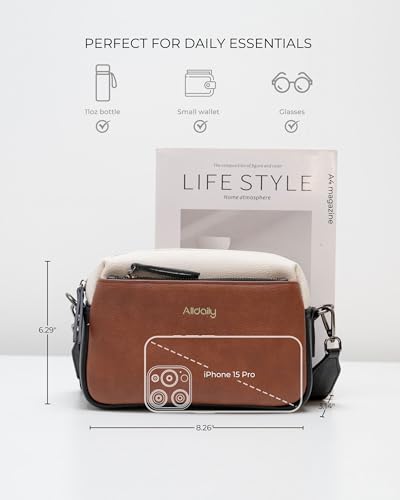 Alldaily Small Triple Zip Crossbody Purse for Women, Vegan Leather Phone Bag with Wide Shoulder Strap - color: Brown & Black & White