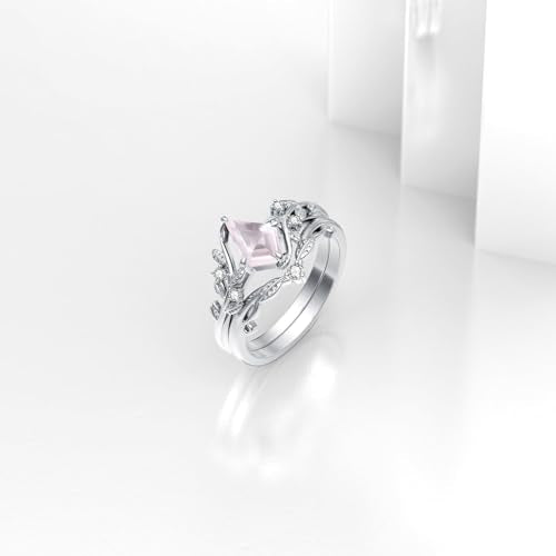 Natural Moss Agate Ring for Women 925 Sterling Silver Pear/Oval/Kite/Heart/Hexagon/Emerald/Coffin Cut Green Leaf Moss Agate Engagement Ring Promise Bridal Set Anniversary Birthday Jewelry Gifts - color: Kite Cut Rose Quartz
