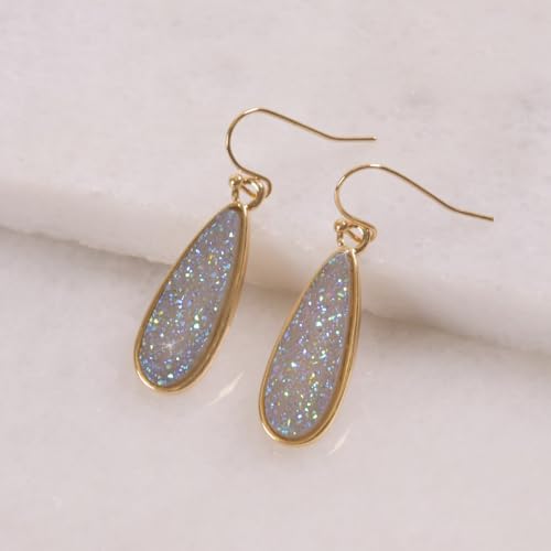 Teardrop Dangle Earrings for Women with Simulated Druzy Stones, in Gold or Rose Gold Tone - color: Gold - Light Blue Stone