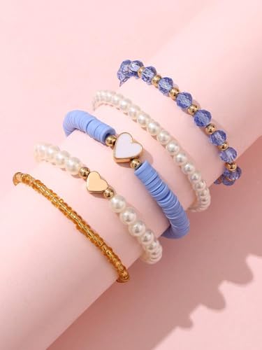 Caiyao Bohemia Multilayer Heart Imitation Pearl Beaded Stackable Bracelets Set Colorful Surfer Heishi Clay Gold Beads Stretch Bracelets for Women Men Summer Beach Boho Vacation Jewelry Gifts - color: Blue