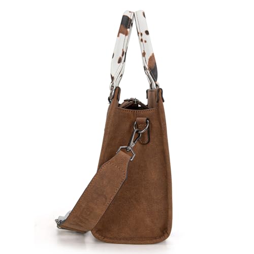 Montana West Wrangler Tote Bag for Women Aztec Western Retro Purse Top Handle Handbags - color: Angel Cow Brown