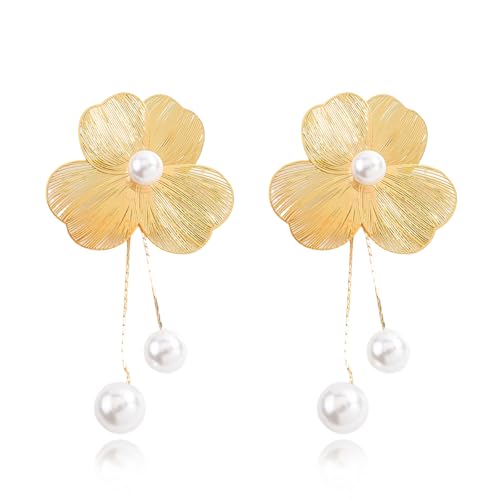 Gold Silver Filigree Floral Dangle Earrings for Women, Long Drop Statement Earrings for Vintage Wedding Jewelry - style: Gold Floral Pearl Dangle Earrings