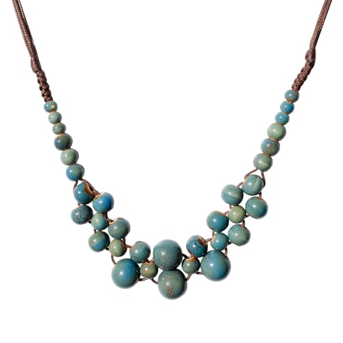 Boho Round Colorful Ceramic Beaded Necklace, Adjustable Hippie Statement Necklace, Handmade Ethnic Jewelry Gift for Women - color: Turquoise Blue