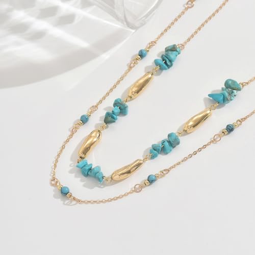 Layered Boho Necklaces for Women Vintage Adjustable Irregular Turquoise Splicing Choker Necklace Exquisite Long Gold Beaded Chain Country Necklace Western Jewelry for Women