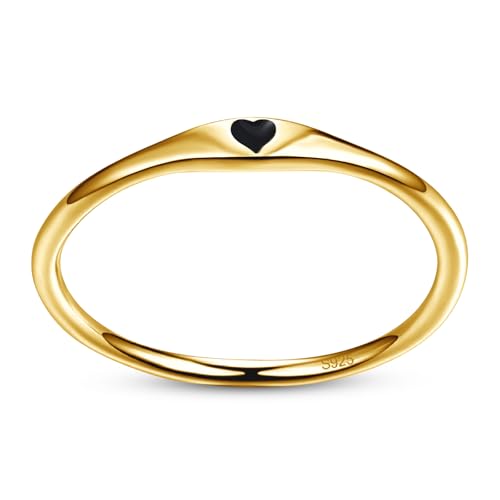 925 Sterling Silver Heart Ring for Women, 1mm Ultra Thin 14K Plated Gold Hypoallergenic Wedding Band with Black/Yellow/Red/Blue/Pink Love, Promise Stack Travel Jewelry Gifts Size 5-10 - color: H-Gold-Black