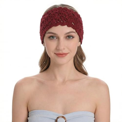 ZLYC Women Headband Handmade Crochet Knit Boho Flower Hair Bands (Crochet Burgundy) - color: Crochet Burgundy