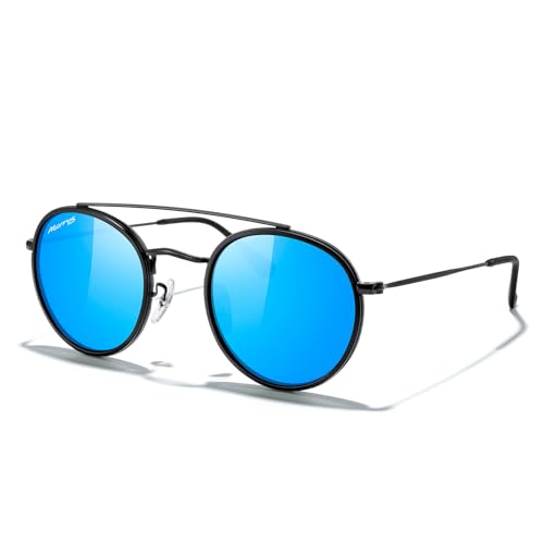 MERRY'S Retro Round Polarized Sunglasses - Unisex Double Bridge Sun Glasses - color: Matte Black Frame/Matte Black Bridge/Blue Mirror Lens
