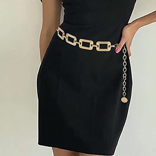 Women's Chain Belt Metal Waist Belt Chunky Belly Link Belt - color: Square Gold, size: L: 53.1 in