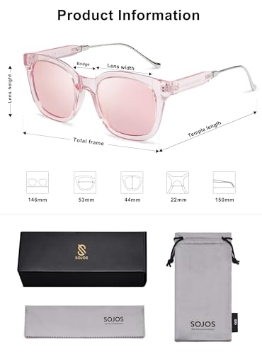 SOJOS Classic Square Polarized Sunglasses Womens Mens Retro Trendy UV400 Sunnies SJ2050 - color: Clear Pink/Pink Mirrored