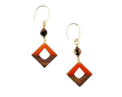 Orange Acrylic & Wood Geometric Earrings, Modern Boho Drop Earrings, Lightweight Statement Earrings, Gold Plated Nickel Free