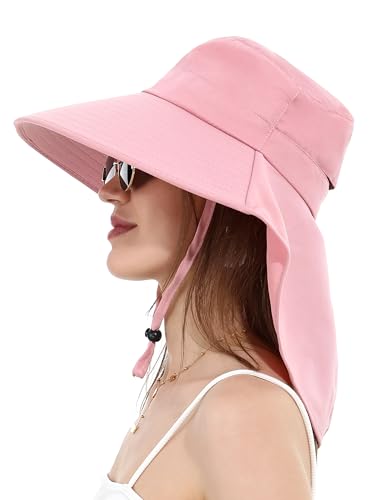 LA CARRIE Women Sun Hats Breathable Wide Brim UV Protection UPF 50+ with Neck Flap Hat for Summer Beach - color: Pink