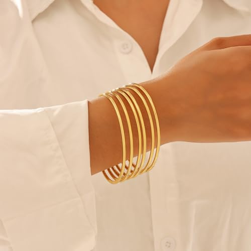 Sterling Silver Bangle Bracelets for Women,Fashion Jewelry Simple Adjustable 925 Silver Cuff Bangles for Women Mom Wife Valentine Mothers Day Gift - color: Gold 6 pieces