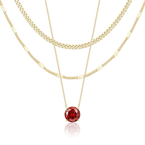 WomenGifts Layered Gold Necklaces for Women, 14K Gold Sterling Silver Plated Dainty Pendant Necklace Set Non Tarnish, Chunky Stackable Cuban Chain Choker, Trendy Birthstone Vacation Jewelry Gift - color: Gold, style: Cubic Zirconia-Created Garnet-Jan