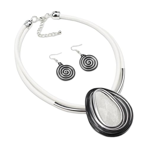 Ethnic Crystal Rhinestone Pendant Necklace Earrings Set Women Handmade Tribal Collar Choker Chunky Metal Bib Rope Chain African Statement Jewelry Set - color: NXR1484-white