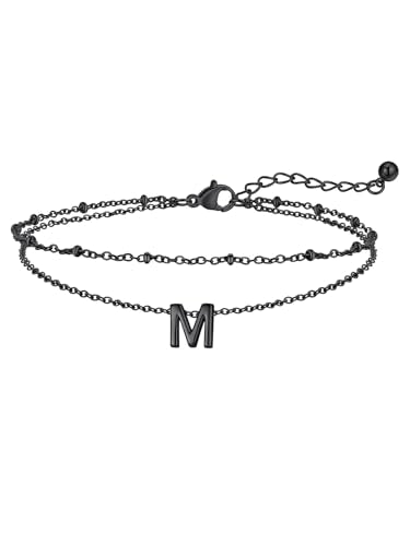 FaithHeart Initial Ankle Bracelets for Women, Waterproof 14k Gold Plated Initial Anklets Non Tarnish Stainless Steel Cute Layered Anklet Summer Beach Jewelry - color: Black, size: Initial M