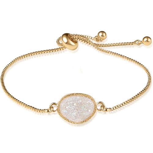 Humble Chic NY Simulated Druzy Chain Bracelet for Women - Boho Stackable Adjustable Bolo Slider Bracelet - color: Gold - White Created Opal