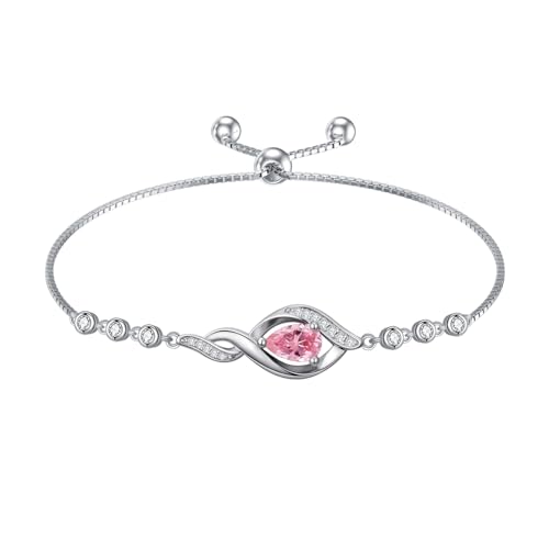 HPQQ Birthstone Bracelet for Women 925 Sterling Silver Infinity Love Jewelry Anniversary Birthday Mothers Day Gifts for Mom Wife Her - color: 10-October-Pink Tourmaline