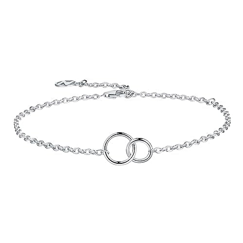 NOKMIT Solid 925 Sterling Silver Bracelets for Women, Dainty Interlocking Circles Cubic Zirconia Adjustable Chain Bracelet, Trendy Stackable Link Bracelets, Simple Cute Jewelry Gifts - color: Silver Interlocking Circles