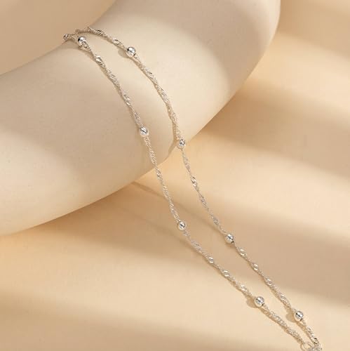 Freekiss Sterling Silver Ankle Bracelets for Women: Dainty Layered Waterproof Anklet for Women Adjustable Womens Anklet Set Stackable Figaro Beaded Cuban Link Anklets Beach Jewelry for Women - color: Single Lobster Layered Bead-SL