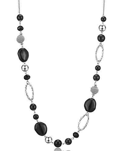 BULINLIN Beaded Long Necklace for Women Silver Sweater Chain Necklace with Crystal Resin Beads, Fashion Jewelry Necklace - color: Black