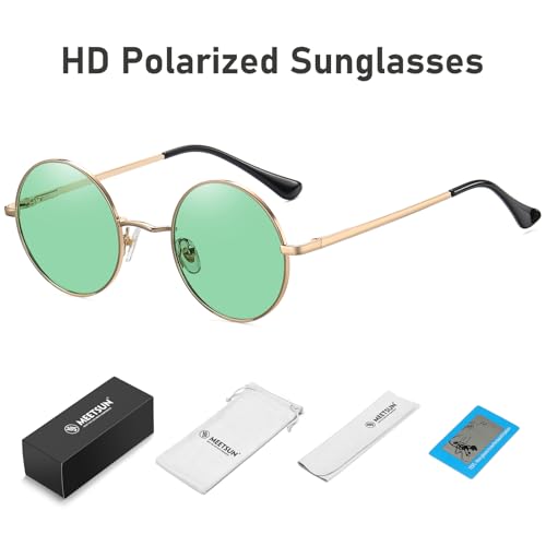 MEETSUN Small Round Polarized Sunglasses for Men Women Metal Retro Hippie Circle Sun Glasses Driving Festival Cosplay UV400 - color: Gold / Green