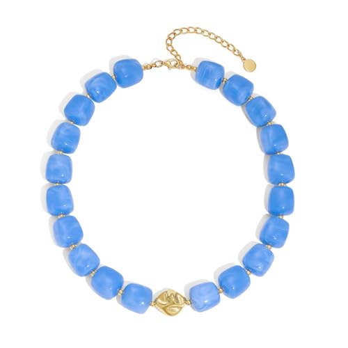 Colorful Chunky Necklaces for Women Multicolored Large Square Acrylic Beads Necklace Trendy Bold Statement Beaded Necklace Summer Vacation Choker Jewelry - color: Sky-blue