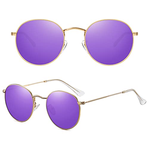 MEETSUN Round Polarized Sunglasses for Women Men Classic Retro Metal Frame Sun Glasses UV Protection - color: Gold/Purple