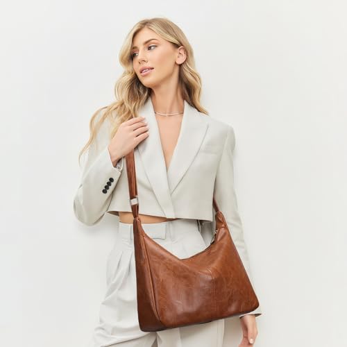 Brown Shoulder Bag for Women,Brown Leather Purse Slouchy Hobo Bags Everyday Purse Daily Commuting Bag with Zipper - color: Light Brown