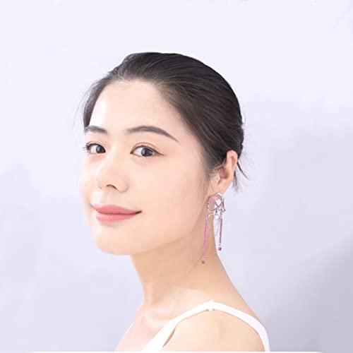 Unique Abstract Face Art | Dangle Statement Long Earrings for Women | Rhinestone Tassel Handmade Chandelier Earrings - color: Silver Red Diamond